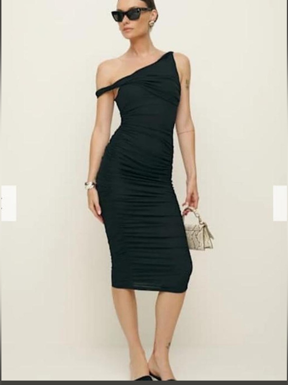 Reformation x Laura Harrier Black Knit Ruched Off Shoulder Body Con Midi Dress